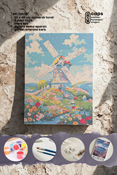 caps office Sayılarla Boyama Yel Değirmeni Temalı Tuval Tablo Seti | 30x40 cm Büyük Boy Sayılı Tuval Boyama Kiti