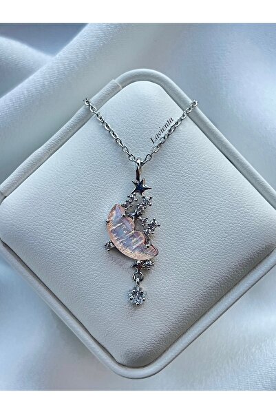 Lavienta قلادة فضية من الفولاذ على شكل قمر مرصعة بحجر الزركون الوردي