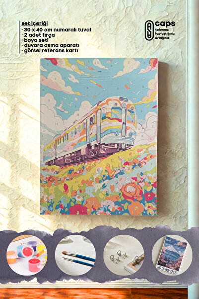 caps office Sayılarla Boyama Renkli Tren Temalı Tuval Tablo Seti | 30x40 cm B...