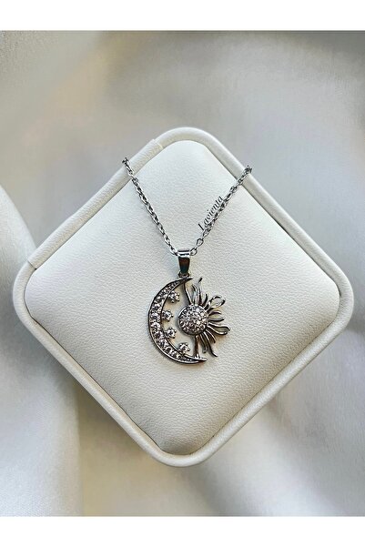 Lavienta قلادة فضية على شكل قمر - نموذج الشمس من الفولاذ