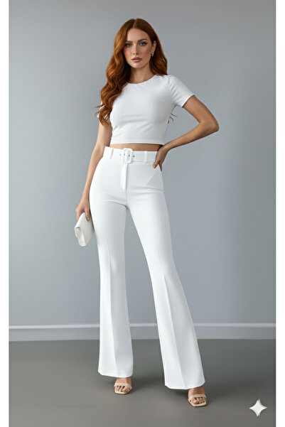 LEXİNWEAR Kadın İspanyol Paça Kemerli Hafif Likralı İthal DoubleFace Kumaş