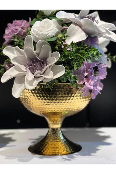 VAZO DEKOR Dövme Metal Dekoratif Vazo ve Sunumluk Seti - Altın & Gümüş Renk Lüks