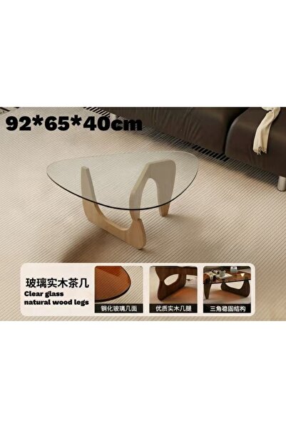 None Modern Glass Coffee Table Noguchi Style Triangle Center Table Solid Wood Base