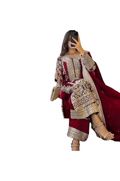 MYSMAR Red Faux Georgette Salwar Kameez & Dupatta Set - HRT5879 | Red