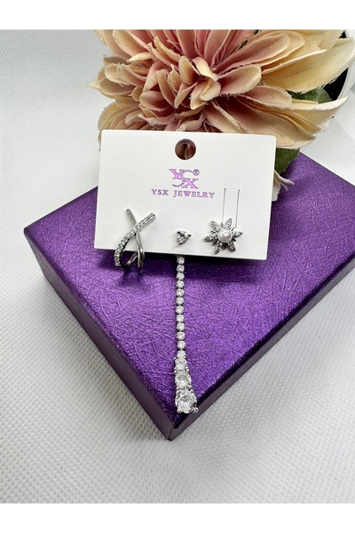 YSX JEWELRY طقم أقراط من الفولاذ مكون من 3 قطع مرصع بحجر الزركون واللؤلؤ المتدلي