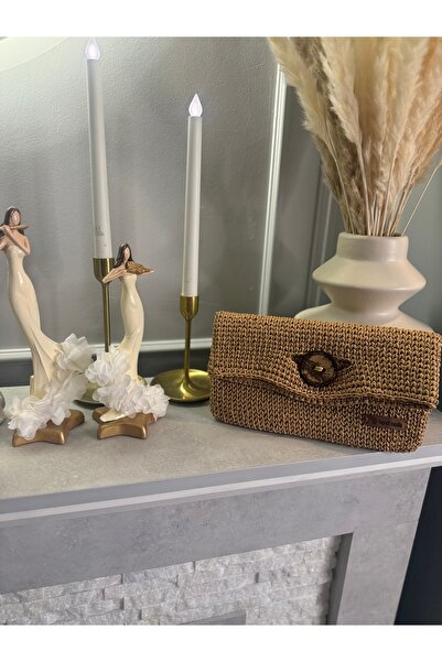 sinmm Straw Hand Knitted Portfolio Bag Light Brown Button Detailed Hand Bag