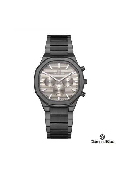 Diamond Blue ساعة دايموند بلو بسور أسود فخم وصحن رمادي، مزودة بعدادات داخلية لمظهر رياضي أنيق.