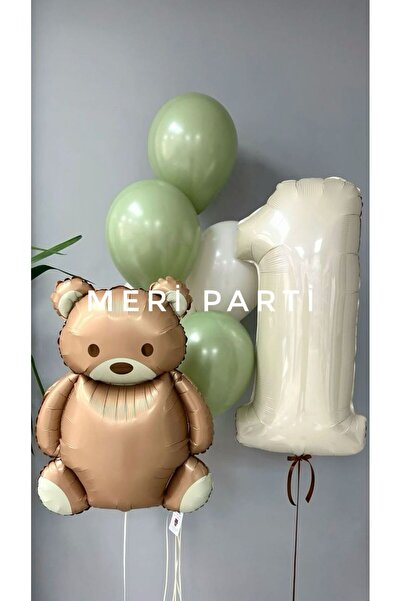 MERİ PARTİ Teddy Bear Themed 1St Birthday Balloon Set – Green & Cream 1St Bir...