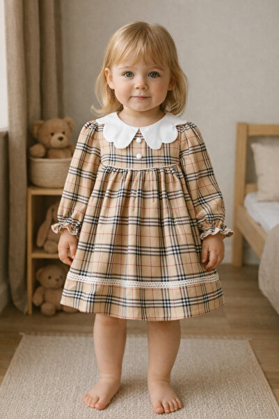 SANTRALBEBE Kız Bebek Ekoseli Bebe Yaka Elbise