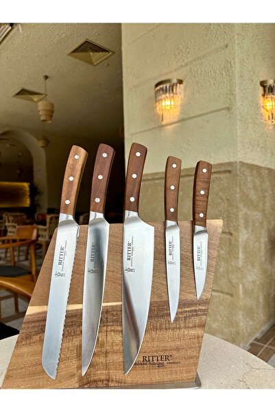 Solingen Ritter Ahşap Saplı 5’li Şef Bıçağı Seti – Paslanmaz Çelik – Manyetik Ahşap Standlı