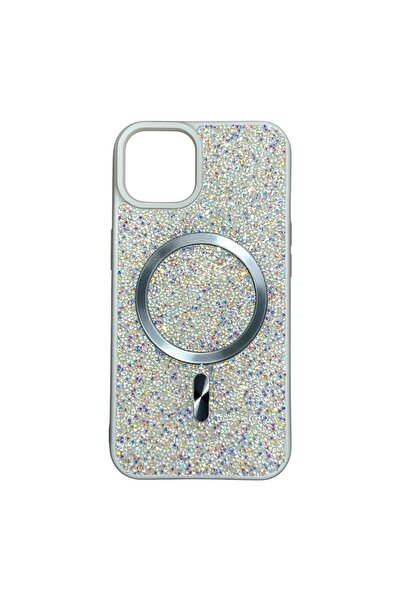 Mopal iPhone 13/14 Uyumlu Beyaz Taşlı Işıltılı MagSafe Özellikli Kılıf