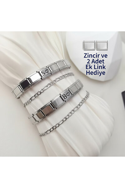 Satürn Silver Kuyumculuk Çelik Baş Harf Yazılı Charm Bileklik Çift Bilekliği Sevgili Bilekliği 2 Adet