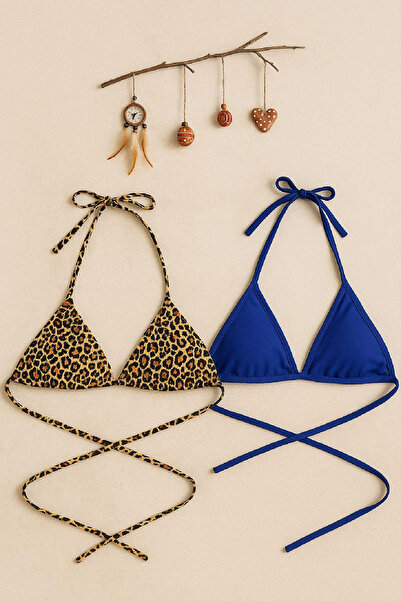 İntive Lingerie Women's Leopard Print and Blue Minimal Cut Triangle Bikini Top