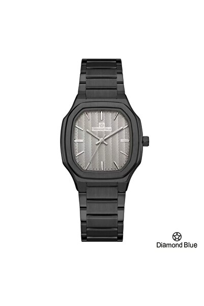 Diamond Blue ساعة دايموند بلو رجالية، سور أسود وصحن رمادي منقوش، عنوان الأناقة اليومية.