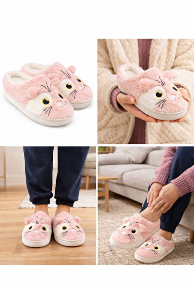 meko aksesuar Kışlık Kadın Peluş Ev Terliği Kedi Figürlü Yumuşak İç Tabanlı K...