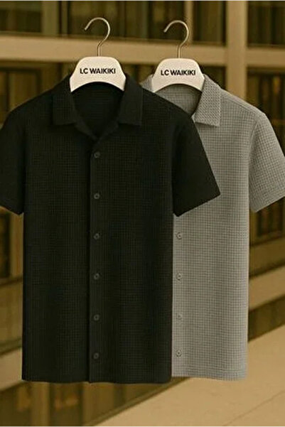 BLACK MODBLACK 2-Piece Advantageous Package 100% Cotton Short Sleeve Buttoned Premium Men's Waffle Shirt