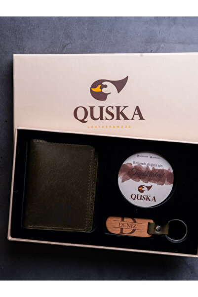 Quska Kişiye Özel İsimli El Yapımı Hakiki Deri Yeşil Cüzdan+Anahtarlık Hediye...