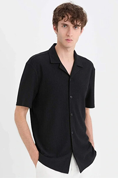 BLACK MODBLACK Modern Fit Polo Neck Textured Combed Cotton Short Sleeve Shirt