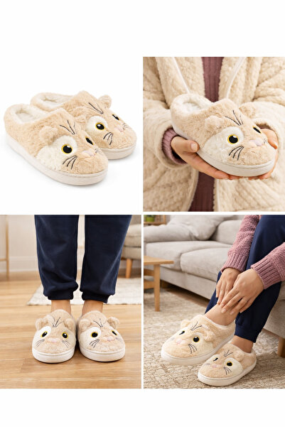 meko aksesuar Kışlık Kadın Peluş Ev Terliği Kedi Figürlü Yumuşak İç Tabanlı K...