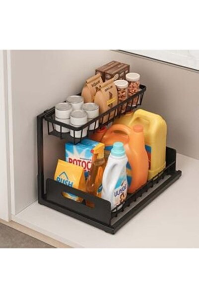 AVA Sliding Metal Shelf with Support for Cabinet or Sink, Black, 36x27x28.5cm