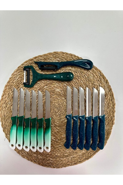 Solingen Yeşil Ebruli & Simli Meyve Bıçağı ve Soyacak Seti 14’lü Takım