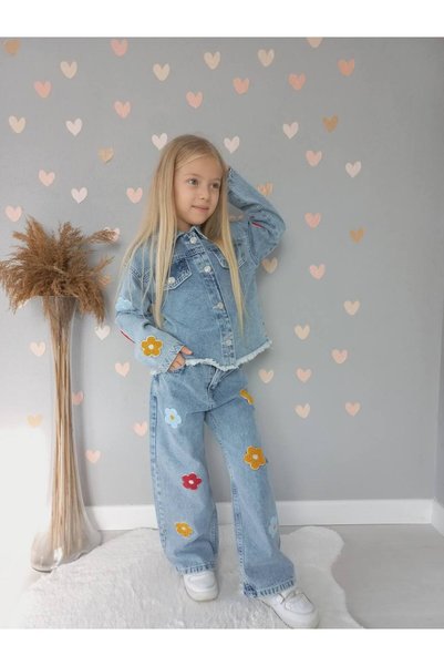 gnygiyim Jachetă din denim brodată cu margarete și pantaloni din denim pentru fetiță
