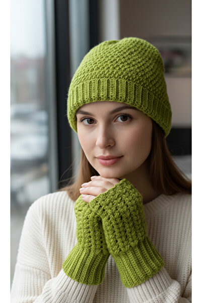 My Scialle Bere Ve Parmaksız Eldiven Seti El Örgüsü Yeşil Renk