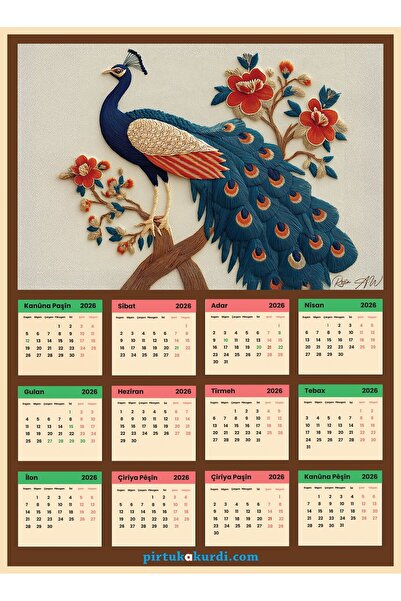 ZERYA Salnameya 2026an - 2026 Kürtçe Takvim - Melekê Tawis - Tavus Kuşu (33*4...