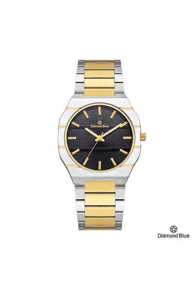 Diamond Blue ساعة دايموند بلو رجالي، سوار فضي وذهبي وصحن أسود منقوش، مظهر عصري.