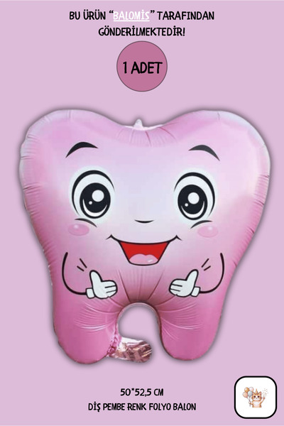 BALOMİS Pembe Renk Diş Şekilli Folyo Balon İlk Dişim Çıktı Temalı