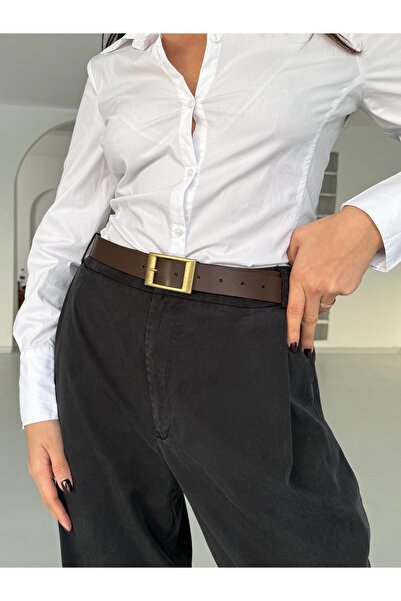 coaksco Pantaloni de damă cu cataramă pătrată antică, maro amar, curea pentru...