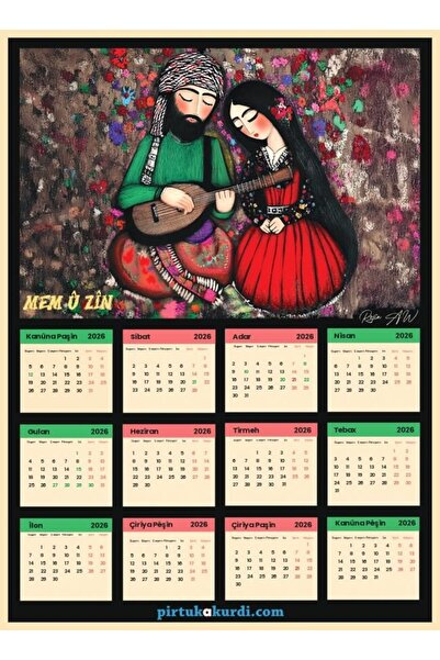ZERYA Salnameya Kurdi 2026an - 2026 Kürtçe Takvim - Mem û Zîn Mem ile Zin (33*45 EBAT)