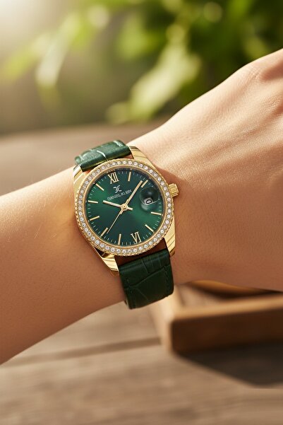 Daniel Klein Yeşil Gold Elegance Taşlı Takvimli Deri Kordonlu Kadın Kol Saati