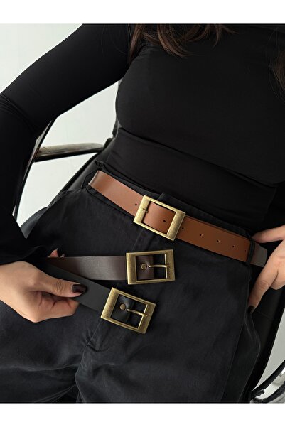 coaksco Women's 3-Piece Set Antique Square Buckle Pants, Dress Belt