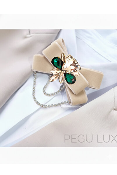 Pegu EKRU KADİFE ,KRİSTAL TAŞLI ,KADIN PAPYON,BROŞ,YAKA İĞNESİ,KRAVAT