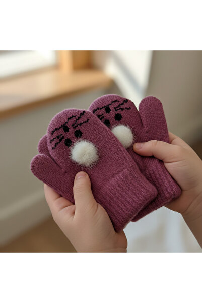 Ma.re accessories Bebek Mor Triko Tavşan Nakışlı Parmaksız Eldiven – 1–3 Yaş