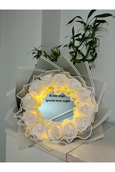 Çiçek Ledli İnci Tüllü Beyaz Gül Buketi Aynalı Buket Doğum Günü Sevgililer Günü Hediyesi Solmayan Buket