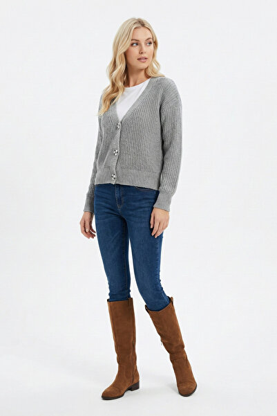 ABAY GİYİM Women's Basic V-Neck Buttoned Knit Cardigan