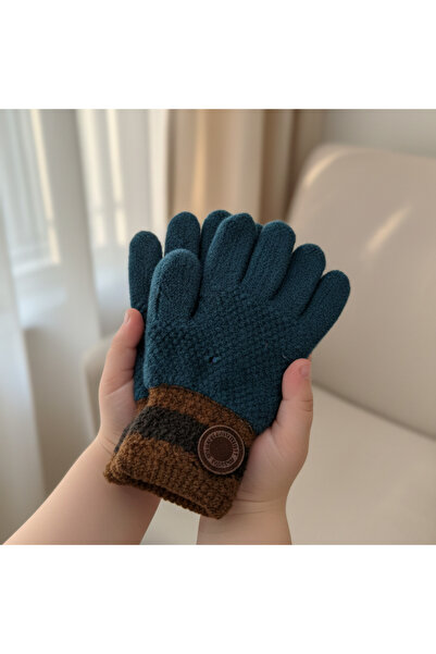 Ma.re accessories Çocuk Petrol Mavisi Triko Eldiven – Kahverengi Çizgili (4–8...
