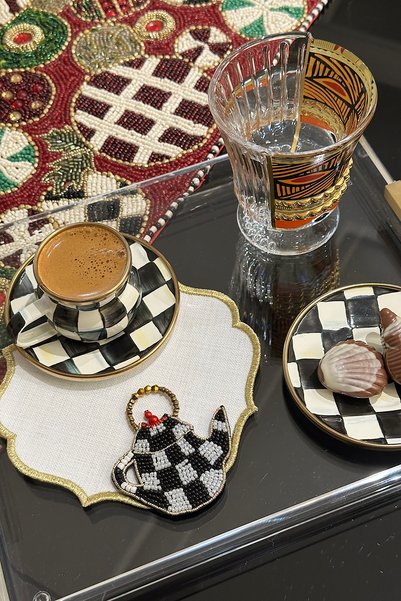 bibashka Damalı demlik el işleme tasarım 2li kokteyl peçete