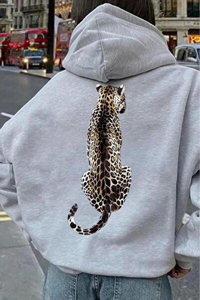 oneagılyazı Hoodie Leopard Back Printed Cotton Inside Unisex Sweatshirt