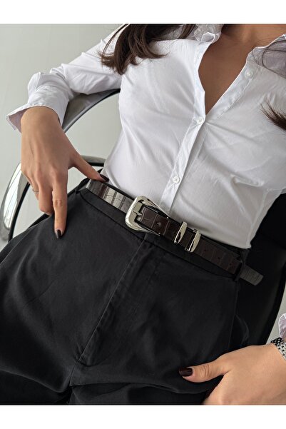 coaksco Kadın Trend Kroko Desen Acı Kahverengi Silver Tokalı Kemer