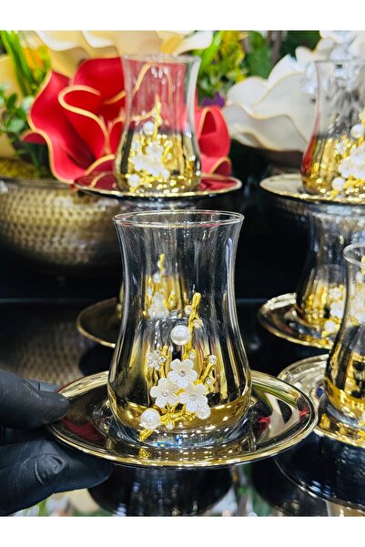 EVRA 6 Kişilik 12 Parça Eva Titanyum İnci Taşlı Çay Bardağı Seti Takımı