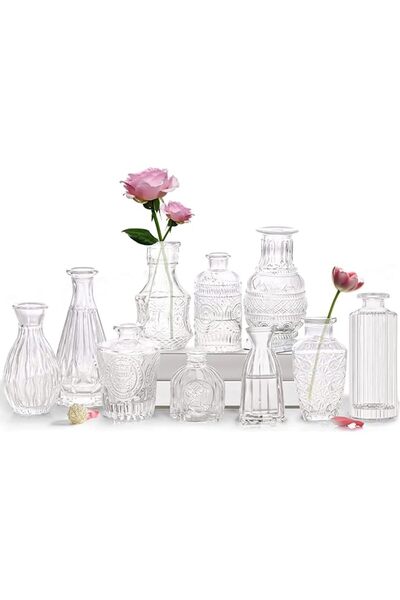 The Bros مجموعة من 10 مزهريات زجاجية صغيرة للزهور لتزيين الطاولات - مزهريات ك...