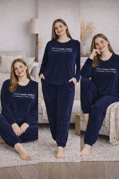 İpek Women's Long Sleeve Plus Size Crew Neck Solid Color Velvet Pajama Set