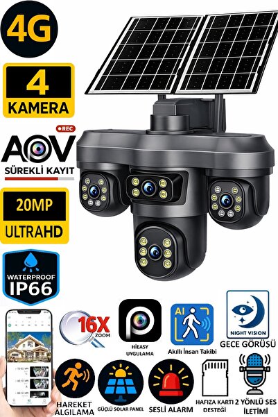 VİVATECH Pro 5604 20MP 4 Kameralı 2 Panel 4G Akıllı Kamera 16X Zoom İnsan Tak...