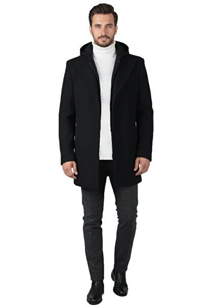 DeepSEA Black Regular Fit Detachable Hooded Men's Cashmere Coat – Buttoned & Zippered Winter Coat 2407018