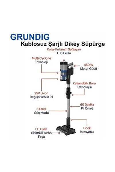 Grundig Ultra Pro Kablosuz Şarjlı Dikey Süpürge Siyah Gümüş