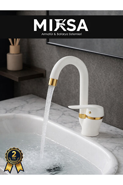 MİXSA Lüx Beyaz-Gold Baston Borulu Banyo Lavabo Bataryası, Musluğu, Çift Su G...