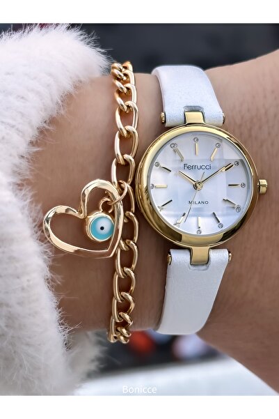 Ferrucci Mini Case, White Color Leather Cord, Women's Wristwatch + Bracelet
